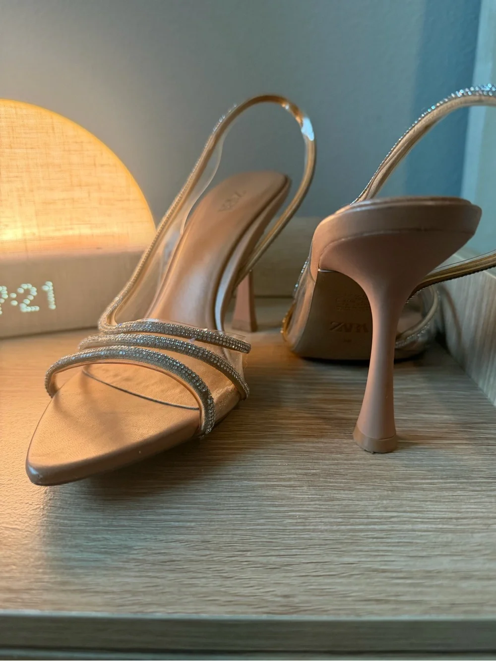Zara Tan Rhinestone Strap Slingback Heels